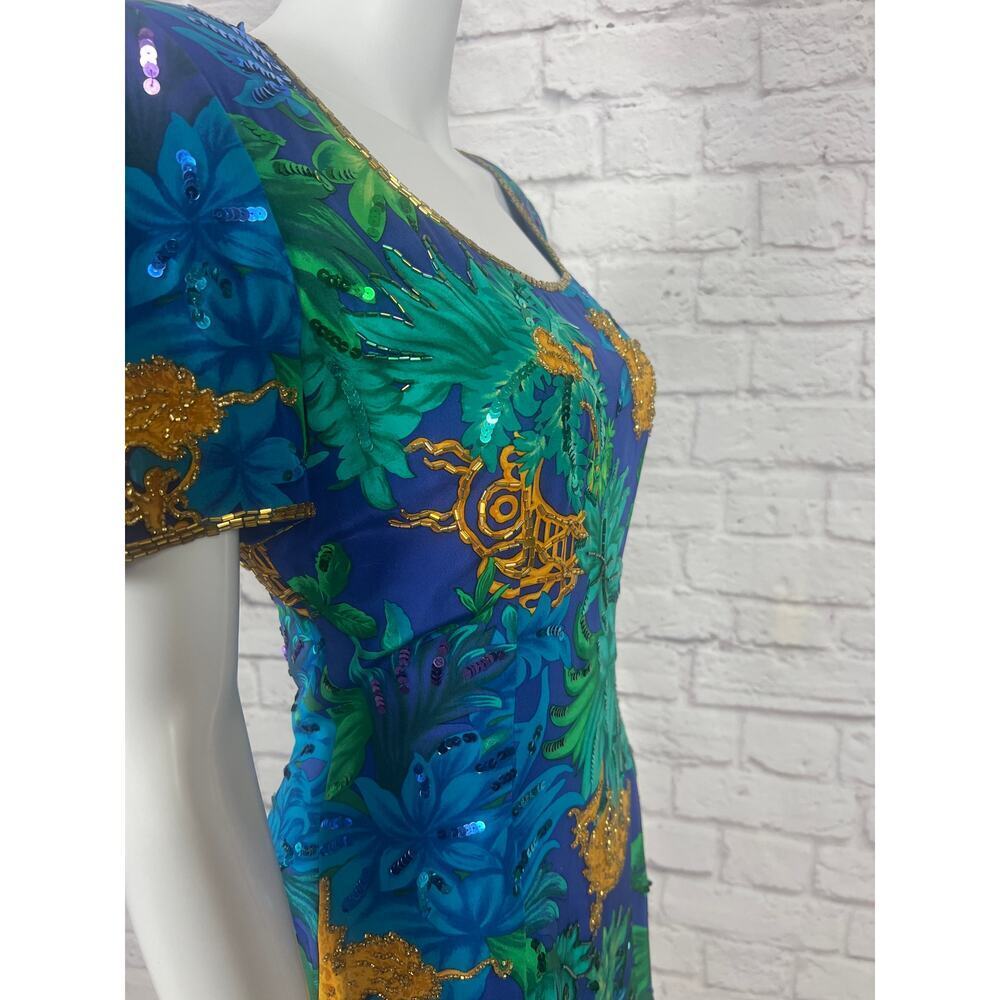 Vintage 1980s 100% Silk A.J. Bari Pattern Beaded and Sequins Dress - Picture 8 of 12